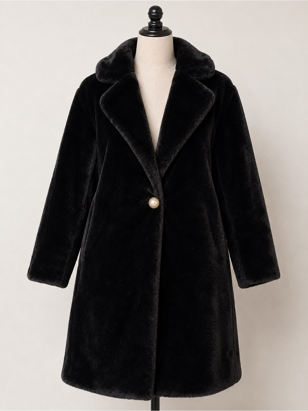 Spirit Black Faux Fur Coat Pearl Button Vintage Glam Goth S/M